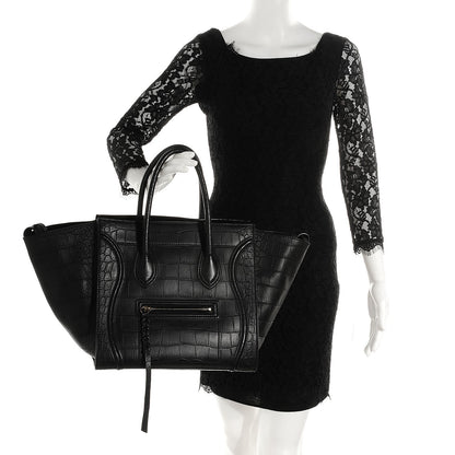 Celine Crocodile Embossed Medium Phantom Luggage Black 2 of 7