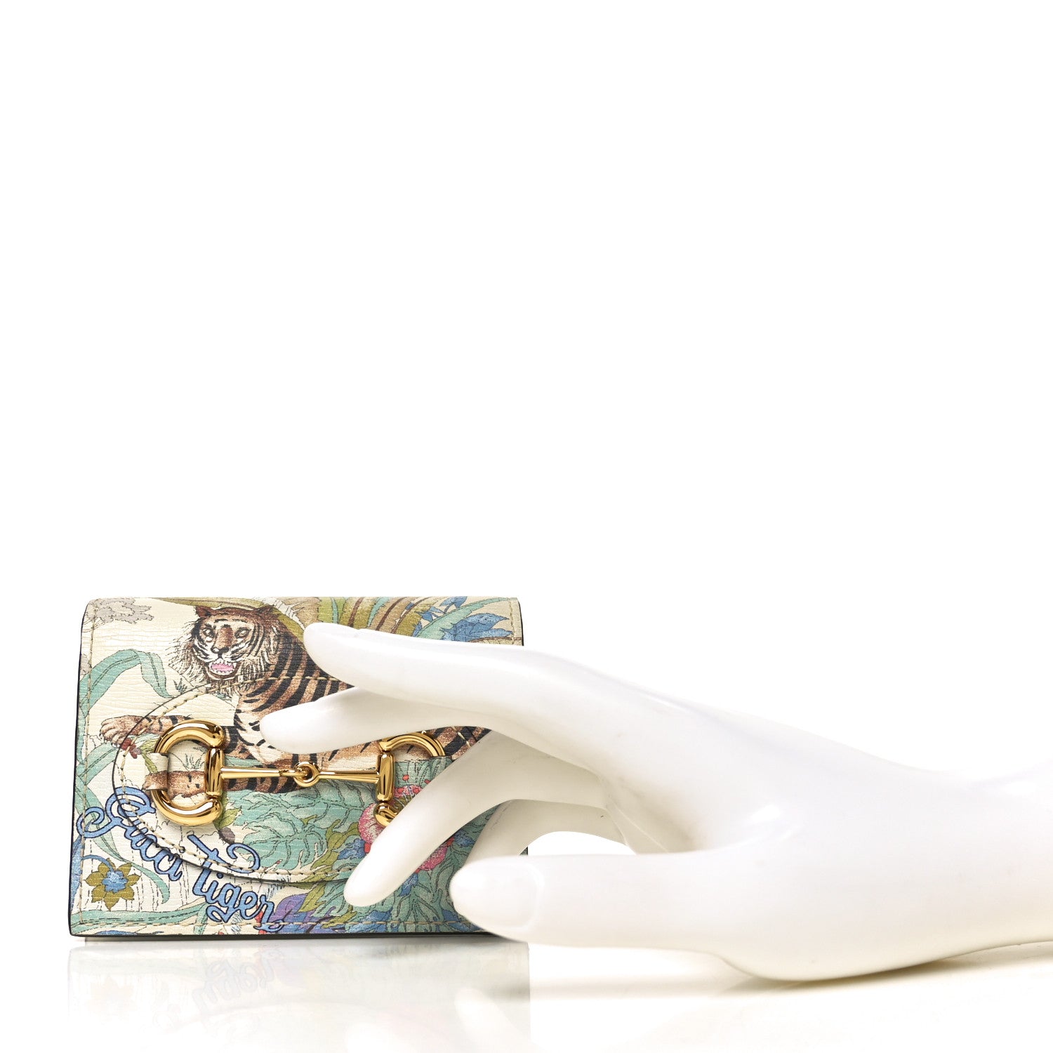 Gucci New Shangai Calfskin Tiger Savanah Horsebit 1955 Card Case Wallet Chalky White Multicolor 2 of 8