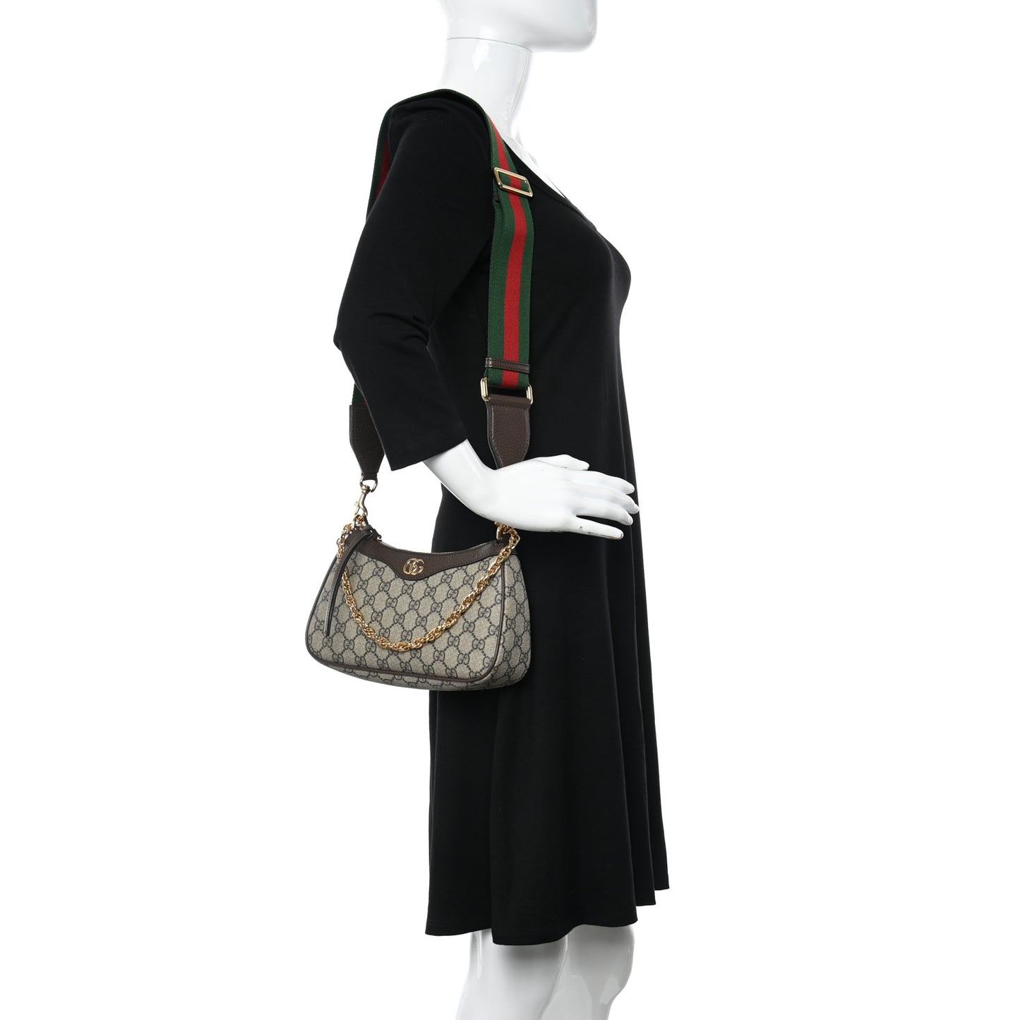 GG Supreme Monogram Textured Dollar Calfskin Web Small Ophidia GG Handbag Beige Ebony New Acero