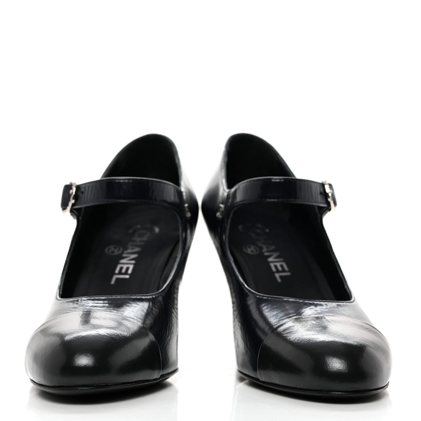Shiny Goatskin Cap Toe Mary Jane Pumps 37 Navy Blue Dark Gray