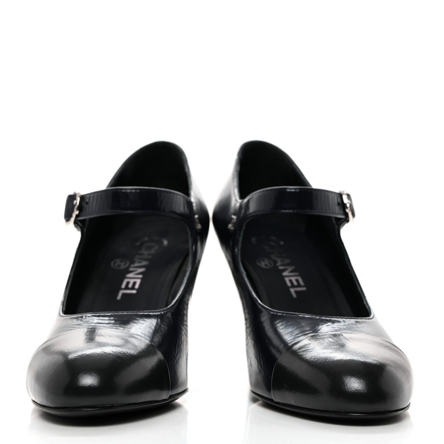 Chanel Shiny Goatskin Cap Toe Mary Jane Pumps 37 Navy Blue Dark Gray 2 of 9