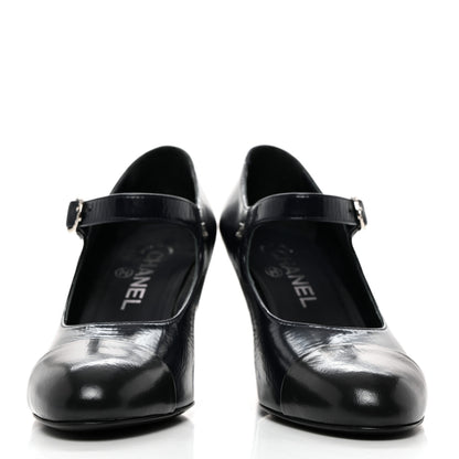 Chanel Shiny Goatskin Cap Toe Mary Jane Pumps 37 Navy Blue Dark Gray 2 of 9