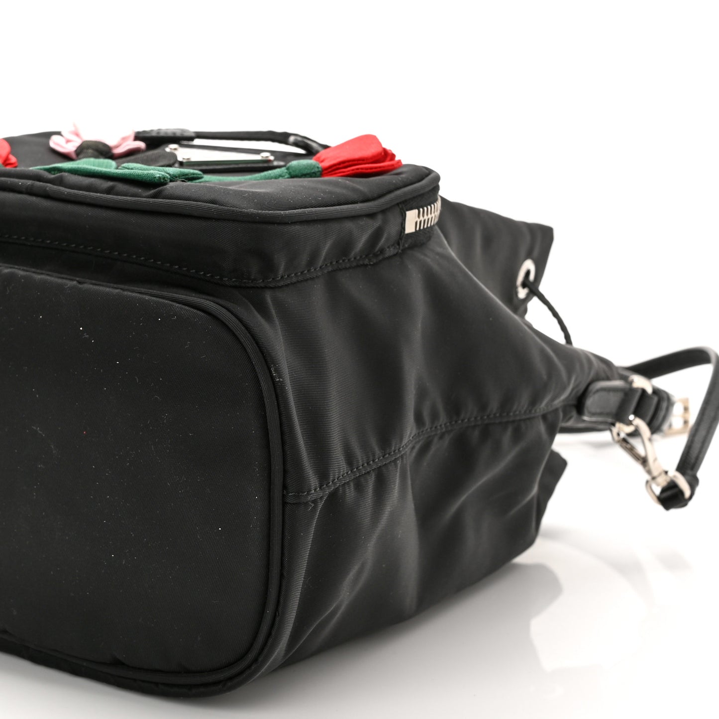 Re-Nylon Saffiano Roses Duet Bucket Crossbody Bag Black