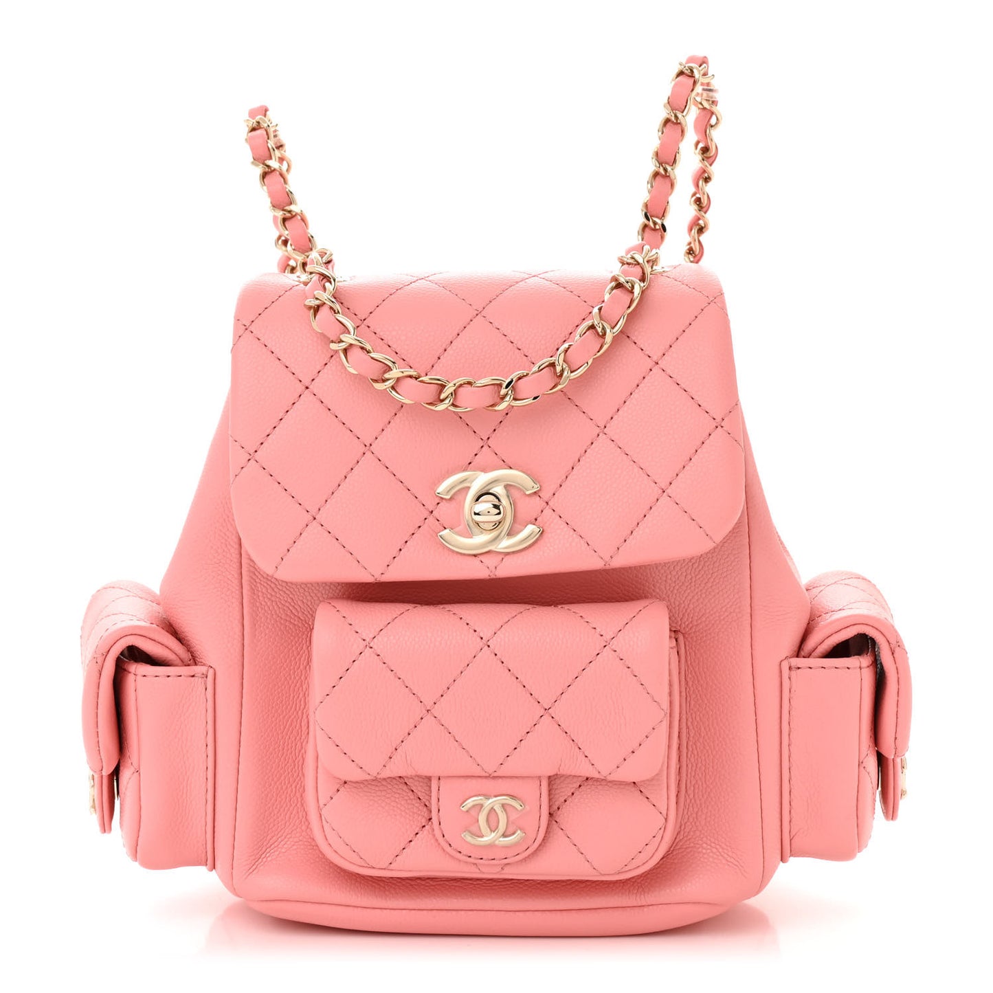 Shiny Caviar Quilted Small Pockets Drawstring Backpack Pink
