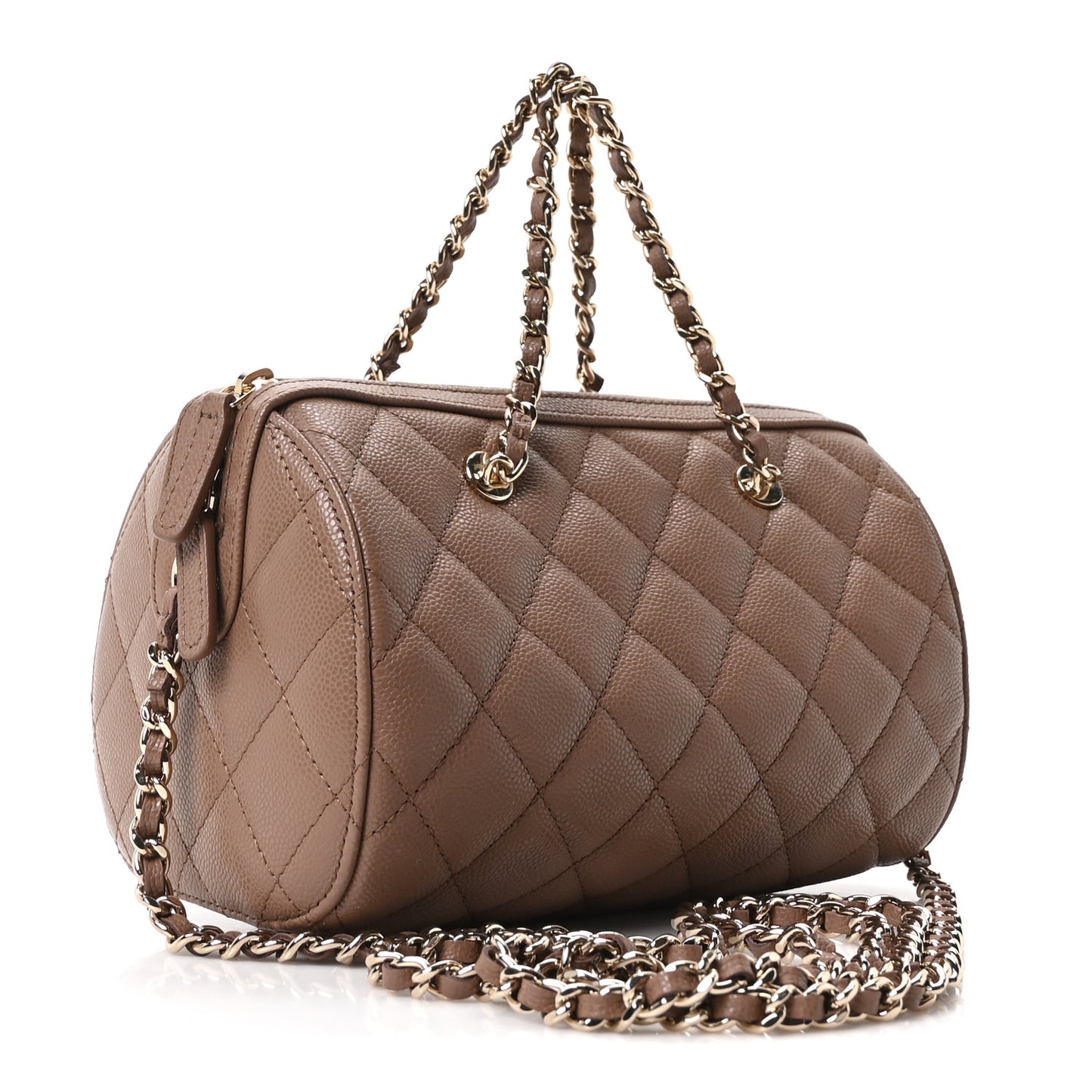 Caviar Quilted Barrel Clutch With Chain Brown