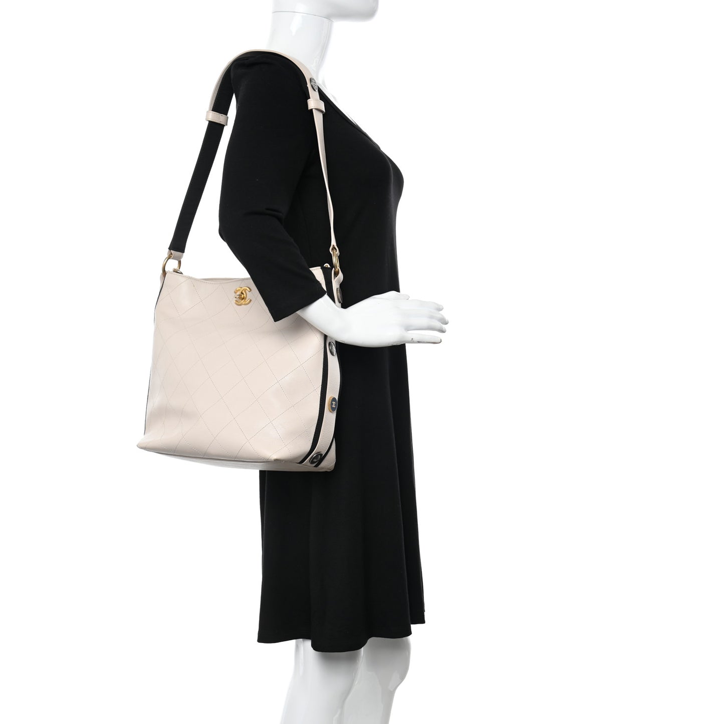 Calfskin Stitched Large Button Up Hobo Ivory Black