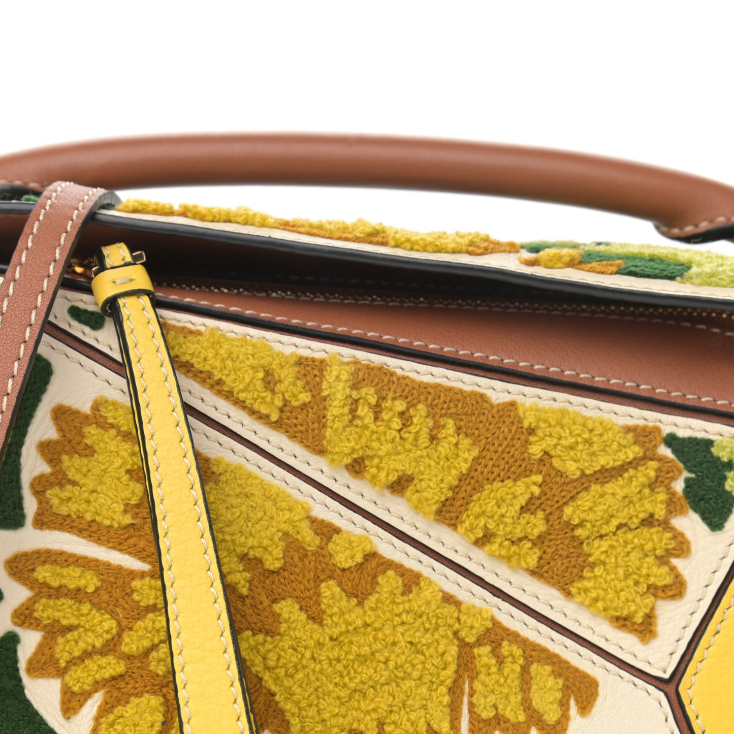 Calfskin Embroidered Floral Small Puzzle Bag Tan Yellow