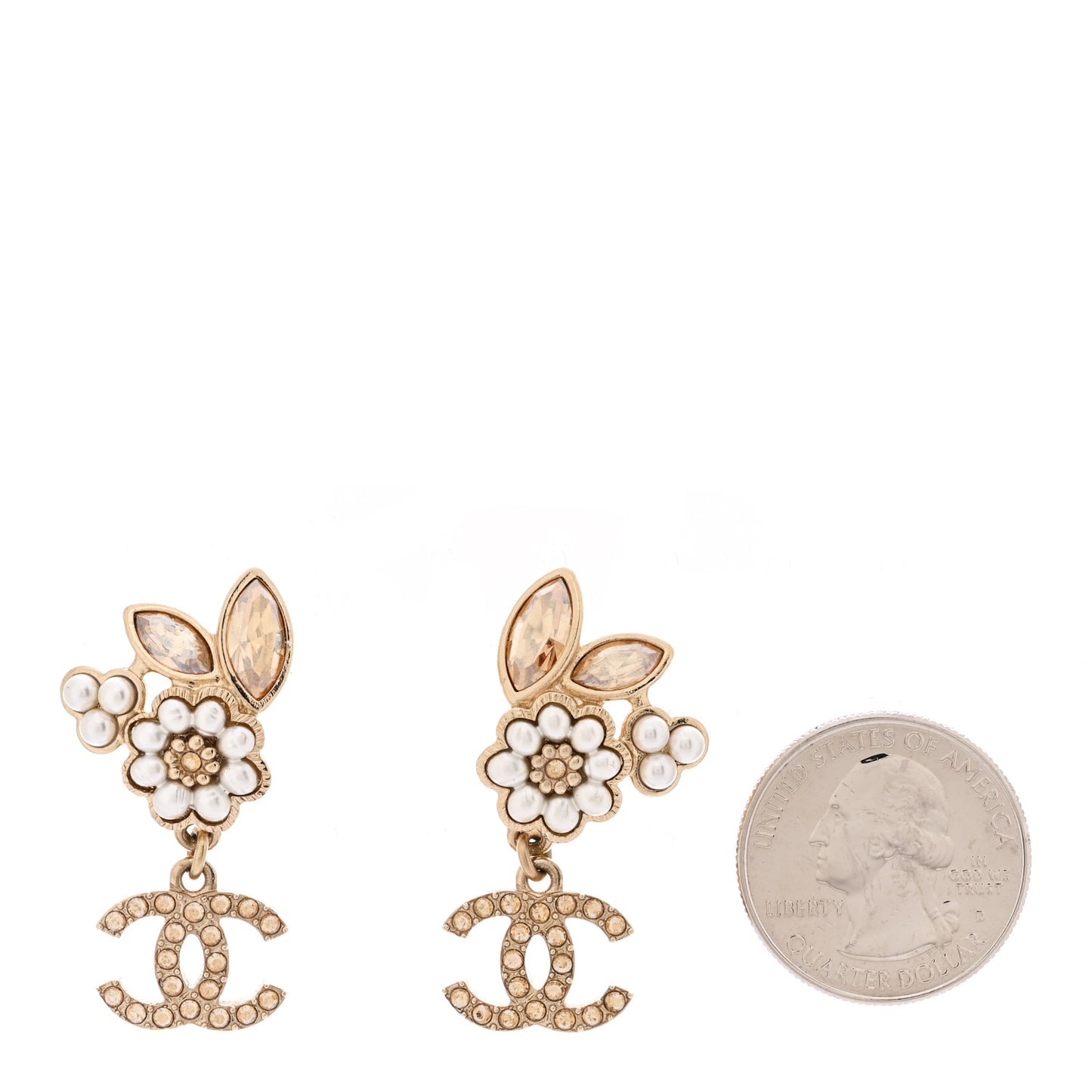 Pearl Crystal Drop CC Earrings Gold White