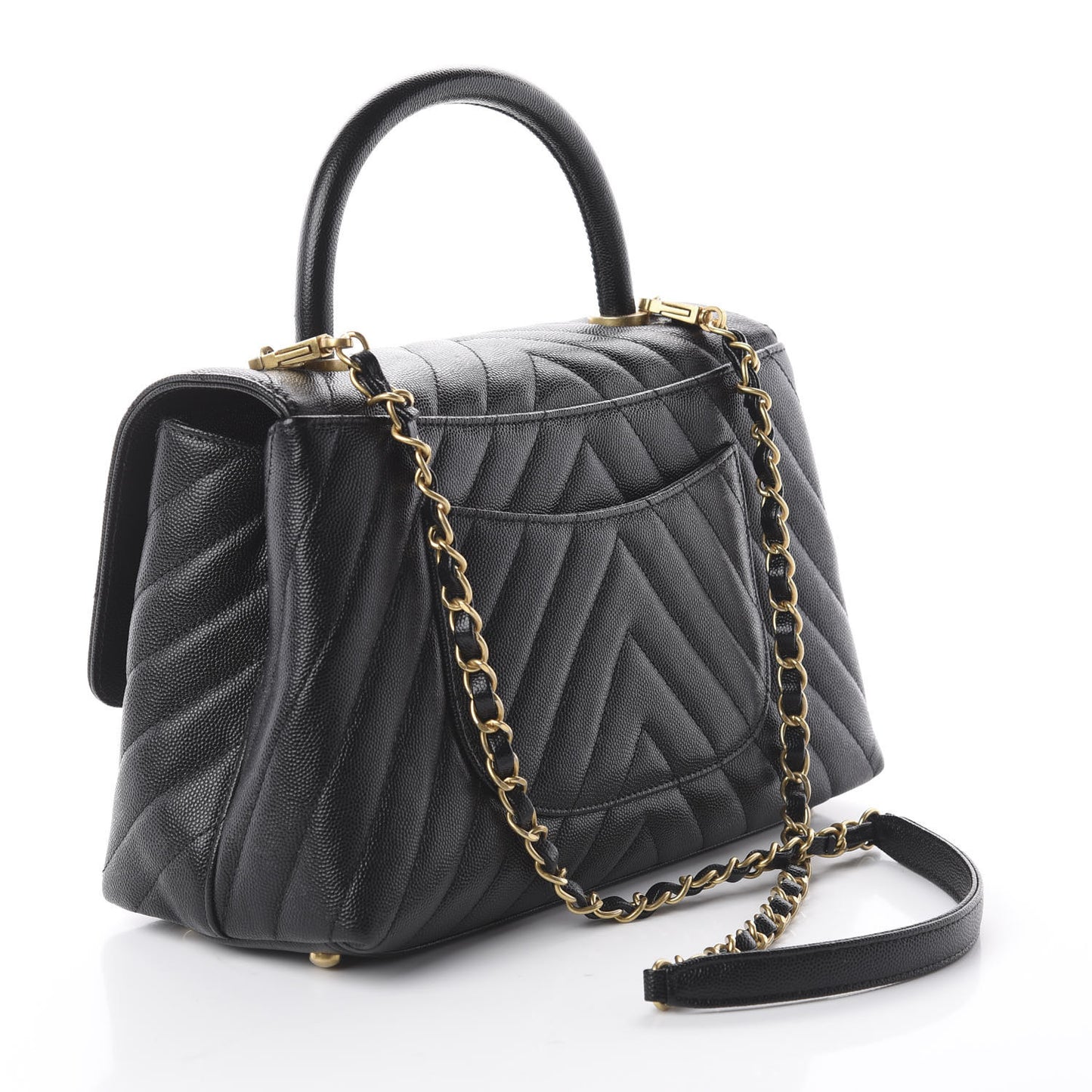 Caviar Chevron Quilted Small Coco Handle Flap Black