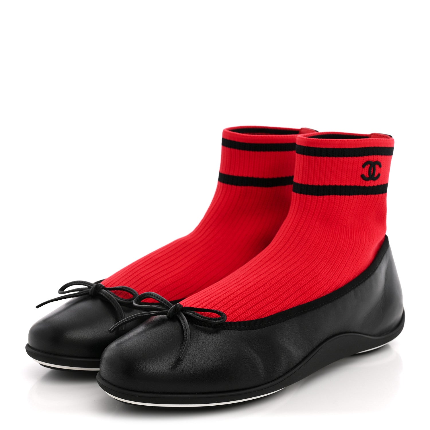 Chanel Lambskin Knit CC Ballerina Sneakers 37.5 Black Red 4 of 9