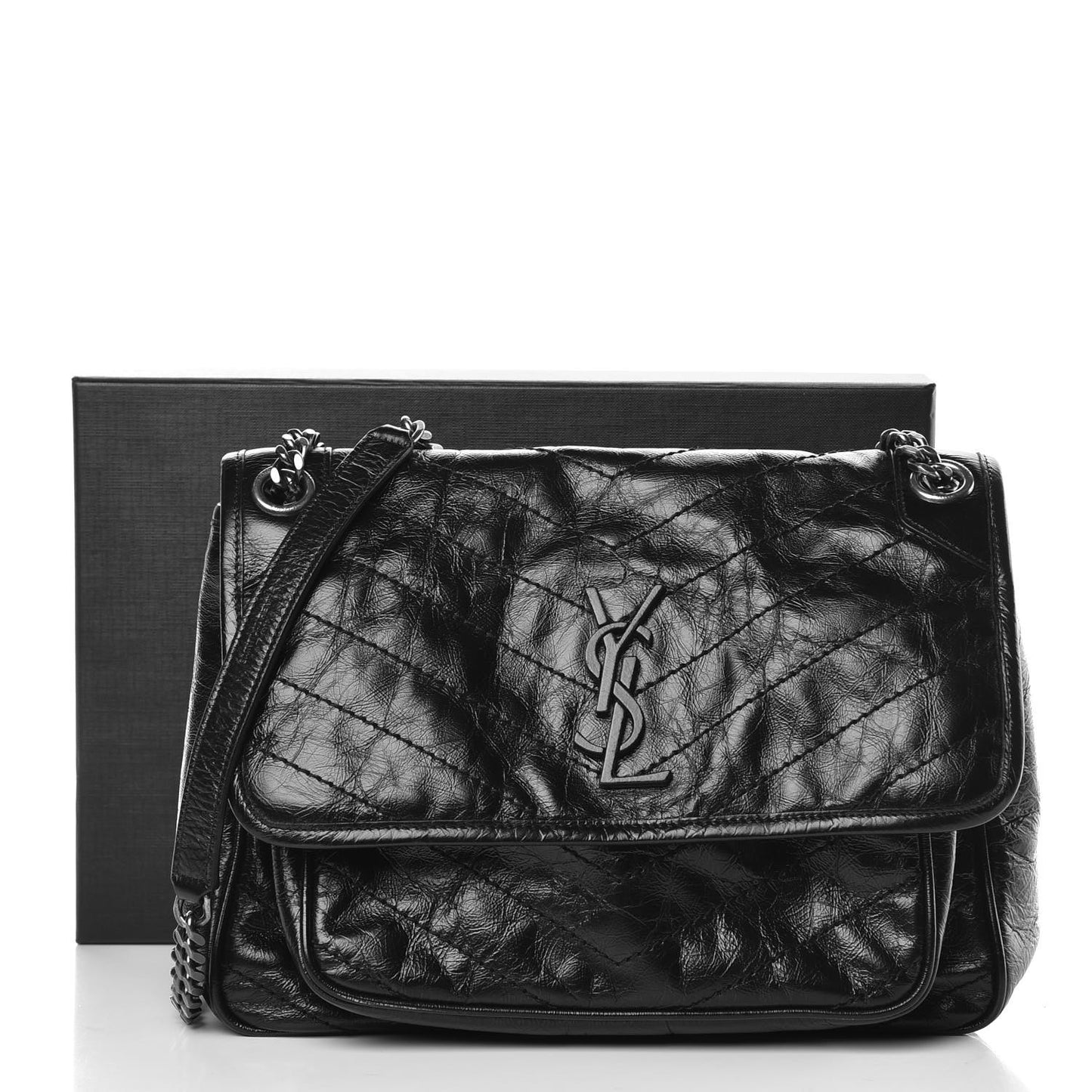 Crinkled Calfskin Matelasse Monogram Medium Niki Chain Satchel Black