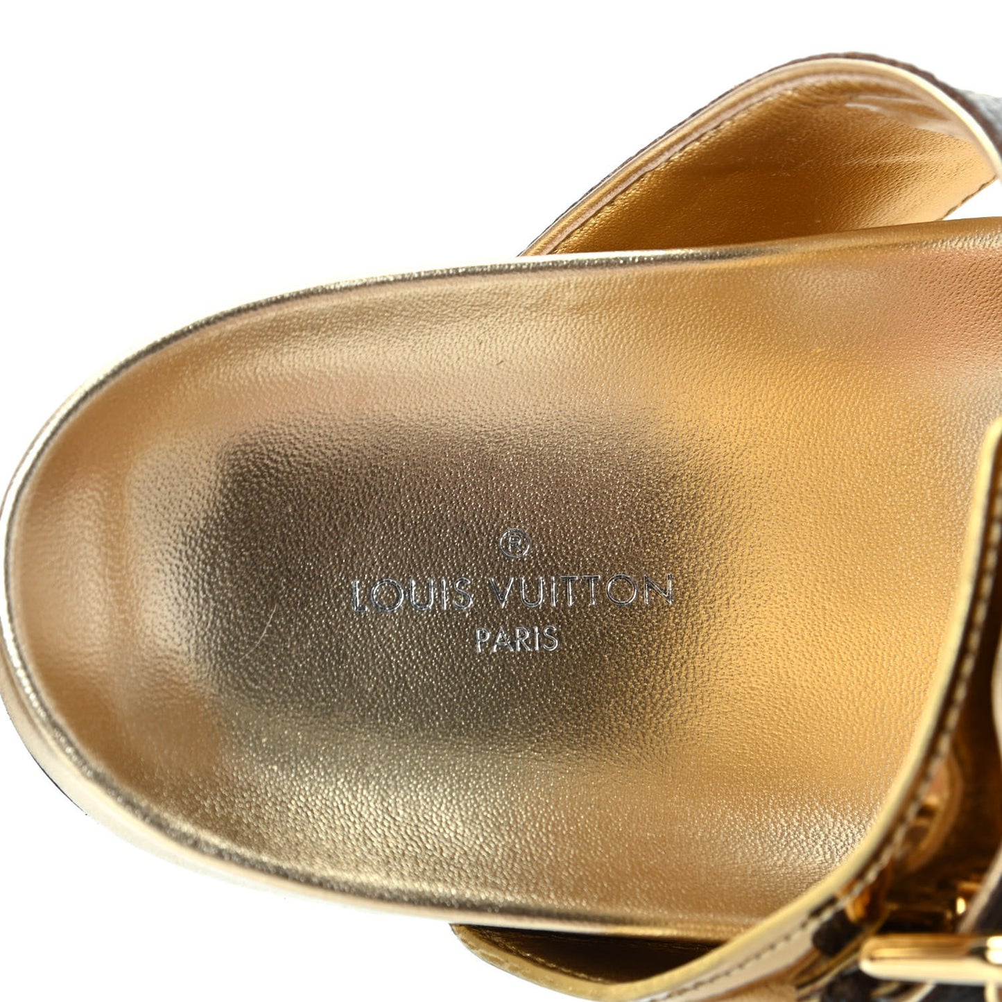 Patent Calfskin Monogram Bom Dia Mule Sandals 35 Gold
