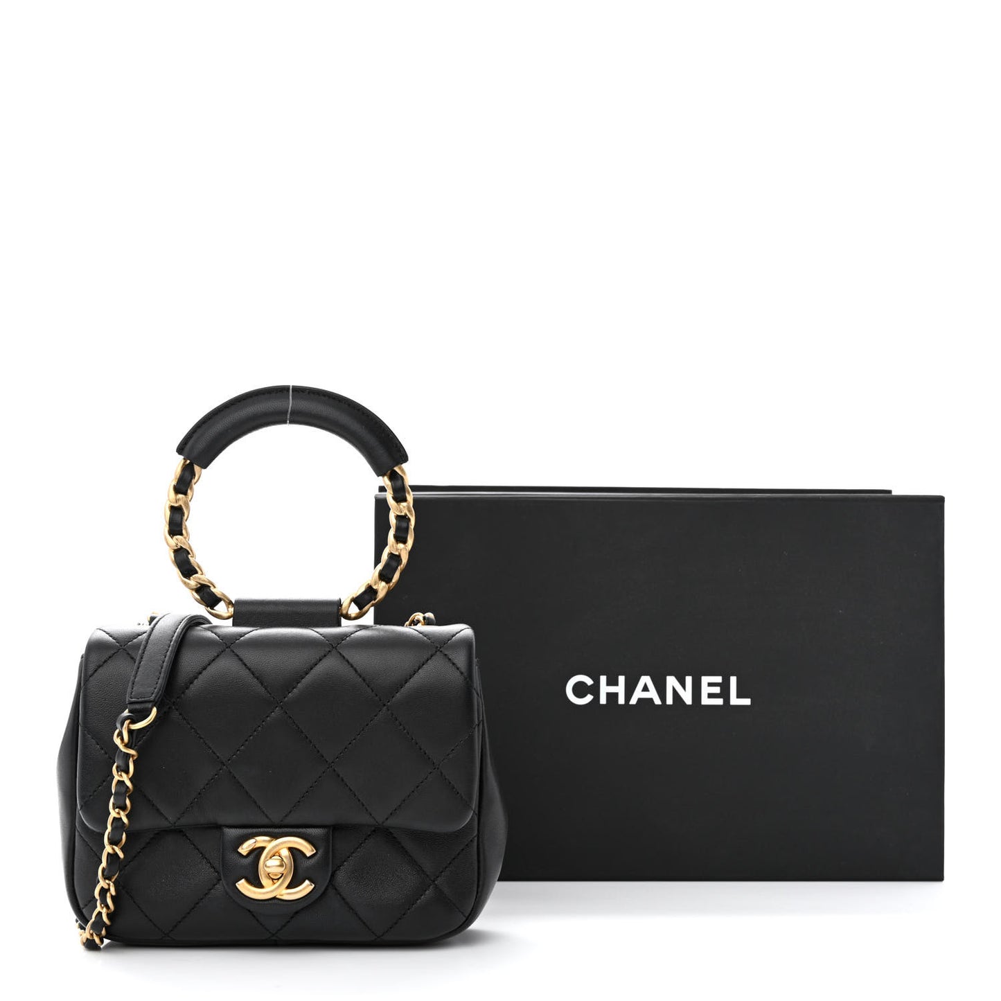 Lambskin Quilted Small Circular Handle Bag Black