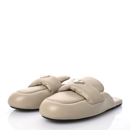 Prada Nappa Soft Padded Metal Triangle Mules 39 Beige 3 of 12