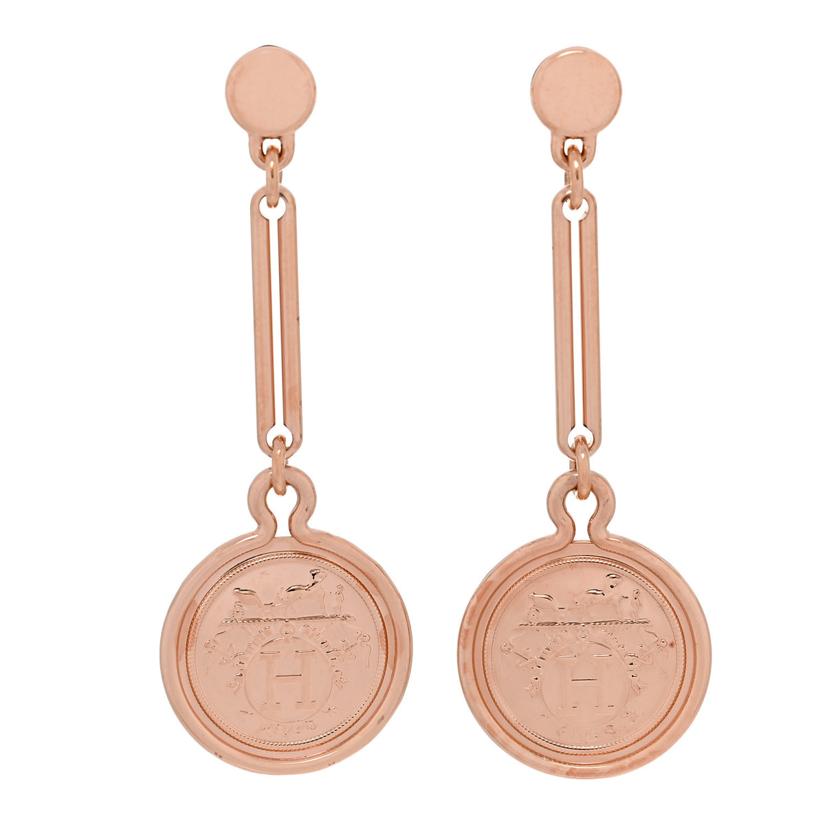 Hermes 18K Rose Gold PM Ex-Libris Drop Earrings 1 of 5