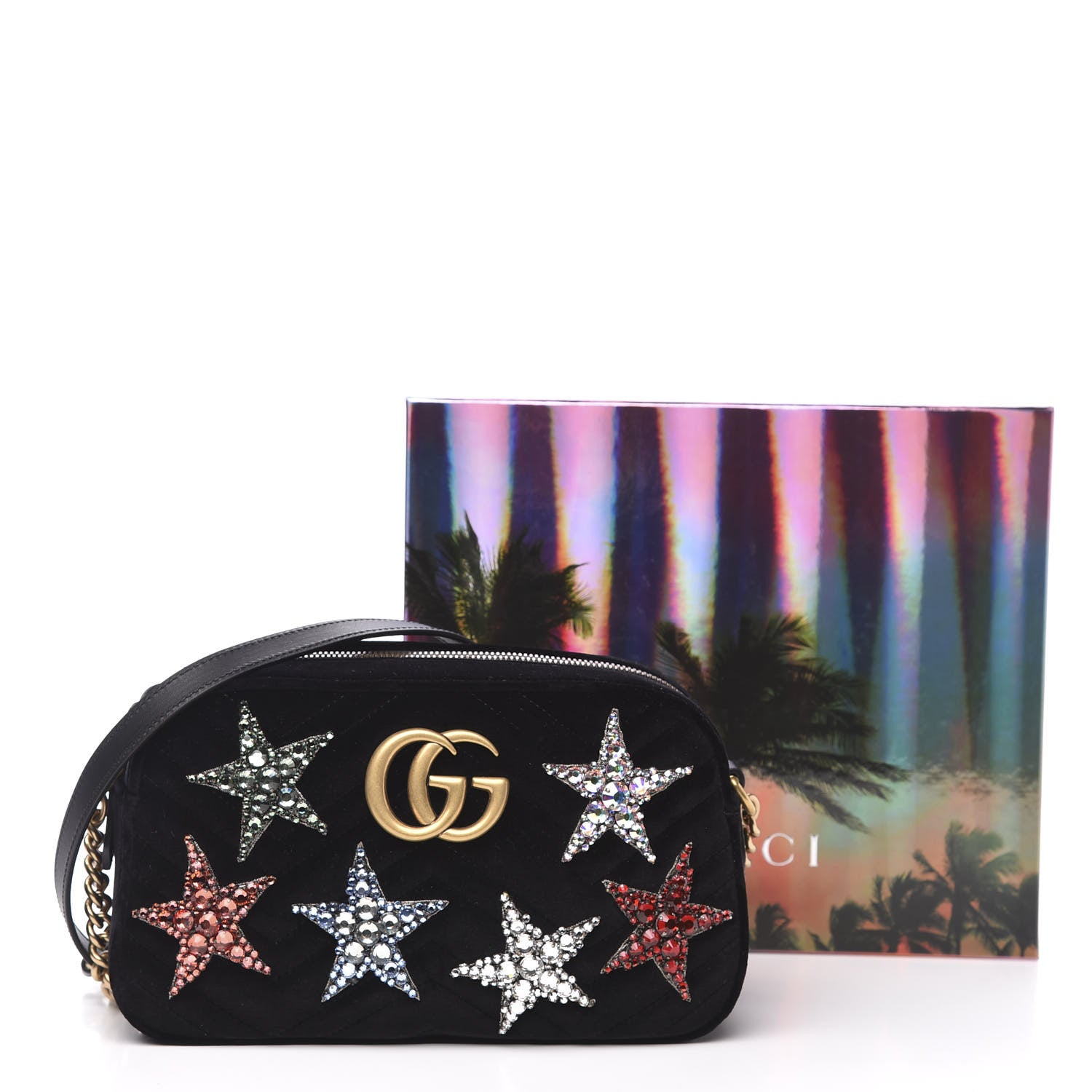 Gucci Velvet Matelasse Crystal Star Embroidered Small GG Marmont Chain Shoulder Bag Black 11 of 11