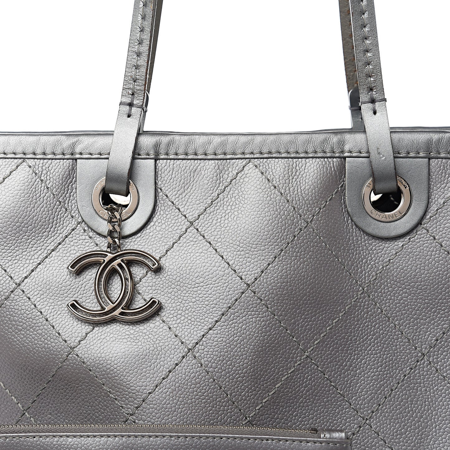 Metallic Grained Calfskin Shopping Fever Tote Silver