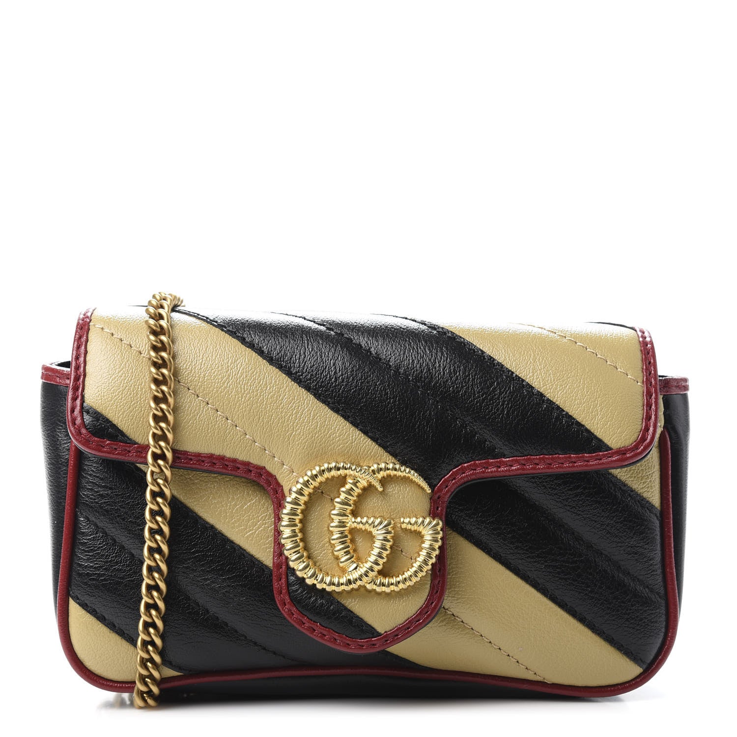 Gucci Vintage Effect Calfskin Matelasse Diagonal Striped Super Mini Torchon GG Marmont Shoulder Bag Black Beige 1 of 10