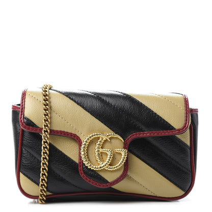 Gucci Vintage Effect Calfskin Matelasse Diagonal Striped Super Mini Torchon GG Marmont Shoulder Bag Black Beige 1 of 10