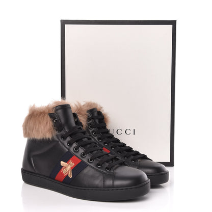 Gucci Calfskin Wool Web Bee Embroidered Mens Ace High Top Sneakers 7 Black 7 of 7
