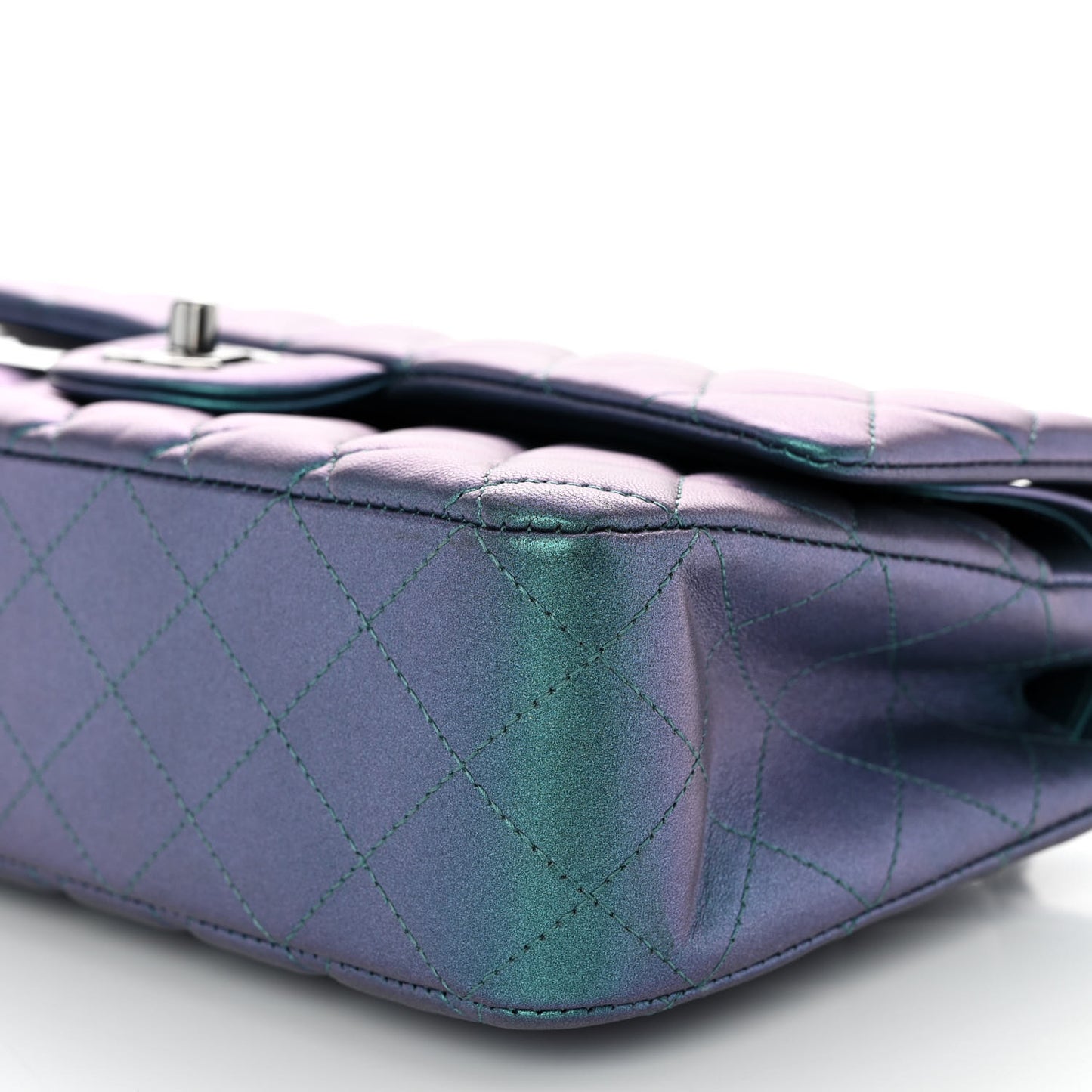 Metallic Lambskin Quilted Medium Double Flap Turquoise