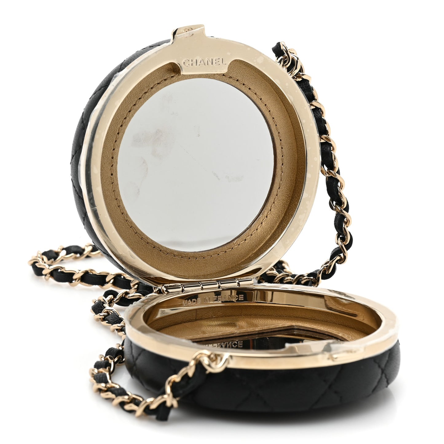 Lambskin Enamel Quilted Round Poker Chip Clutch With Chain Black White