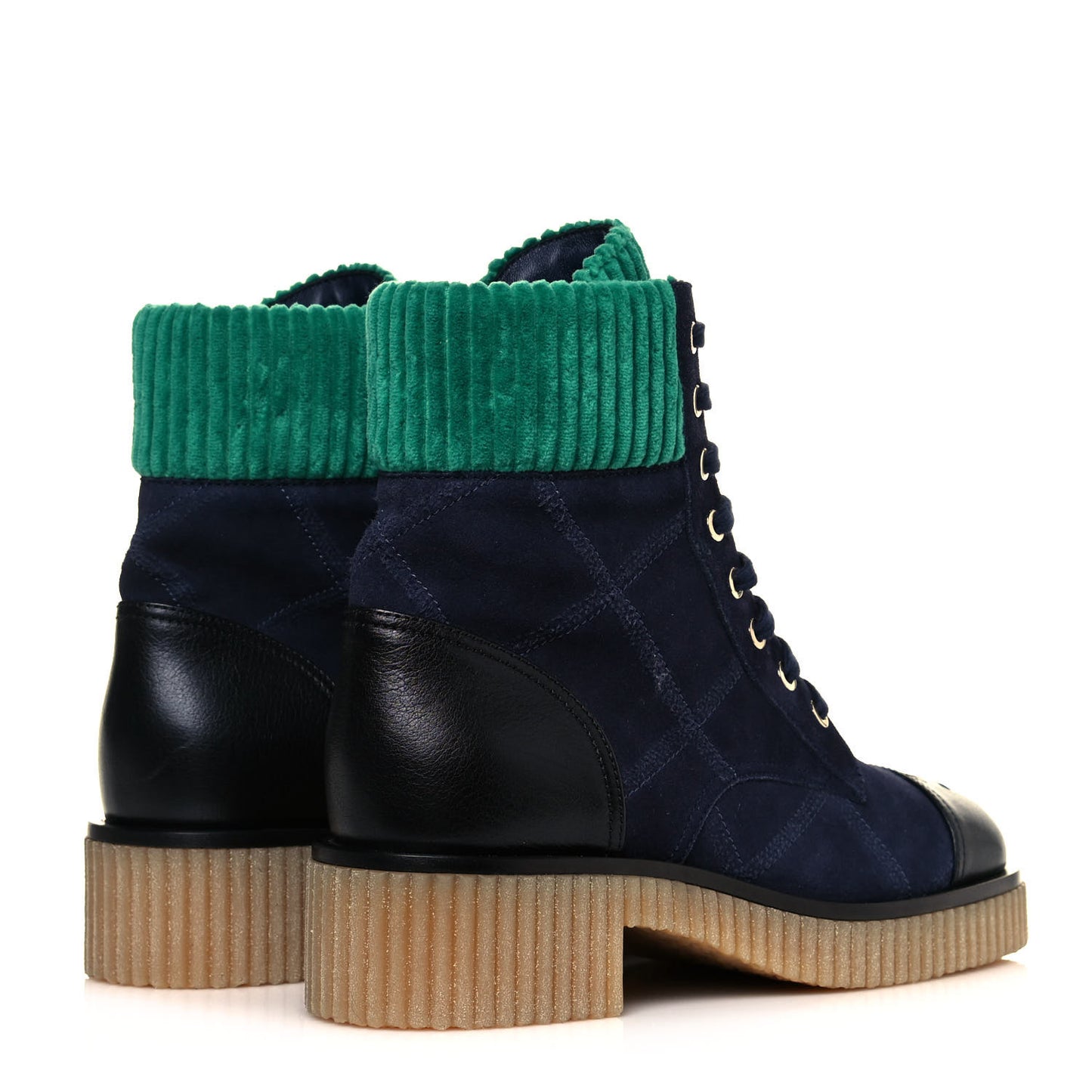 Suede Calfskin Velvet Quilted CC Combat Boots 38.5 Navy Green Black