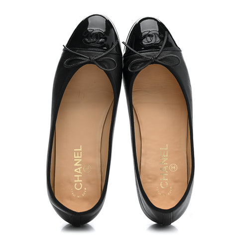 Lambskin Patent Cap Toe Ballerina Flats 39.5 Black