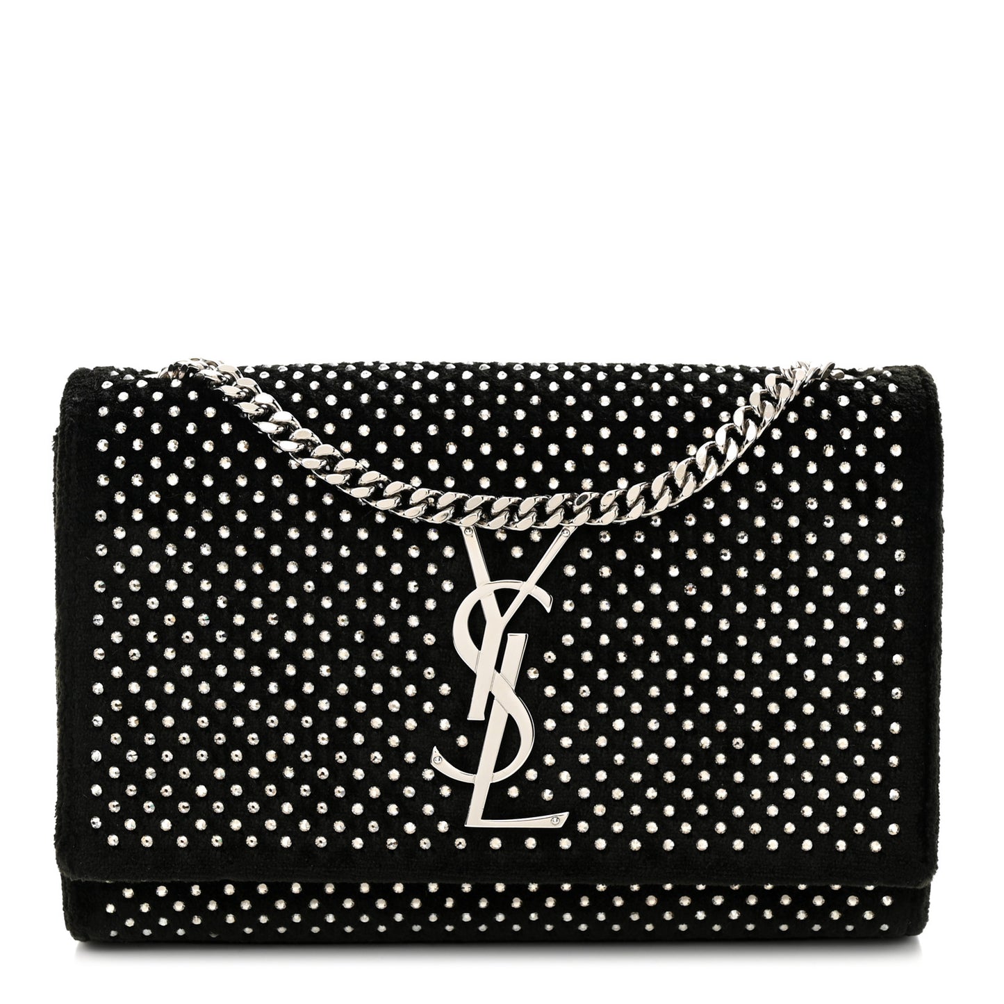 Velvet Crystal Studded Monogram Small Kate Satchel Black