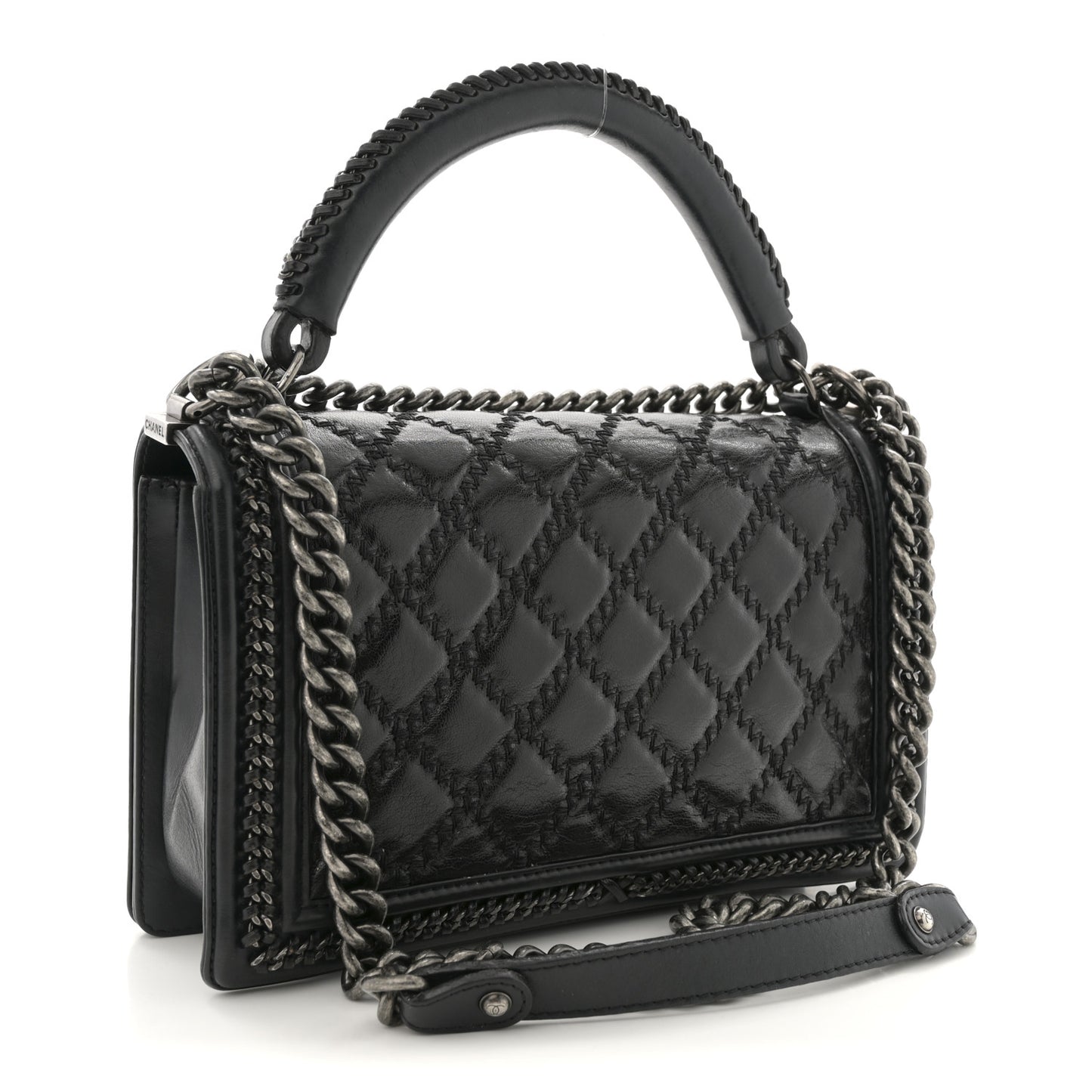 Calfskin Quilted Medium Top Handle Boy Flap Black