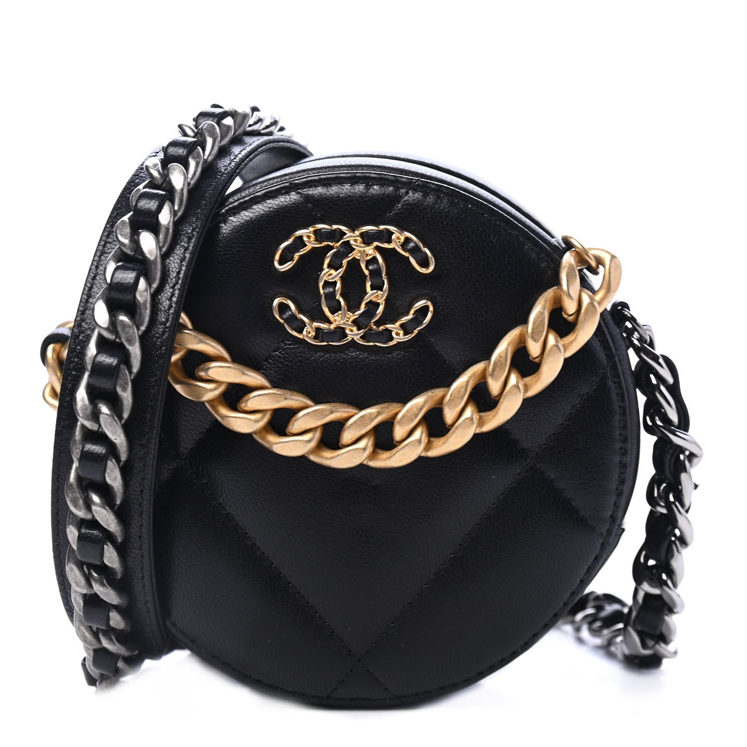 Chanel Shiny Goatskin Quilted Chanel 19 Round Clutch With Chain Black 1 of 4