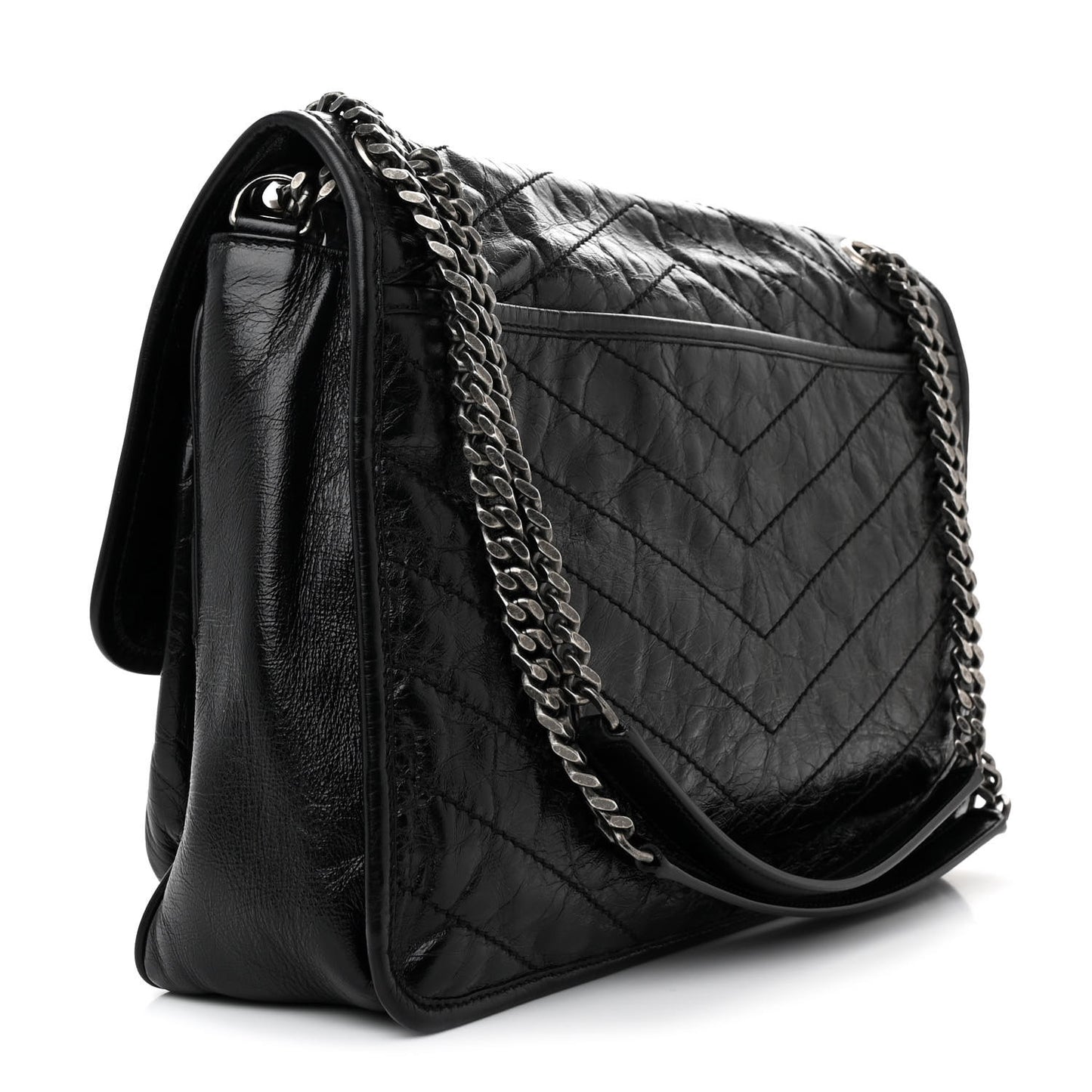 Crinkled Calfskin Matelasse Monogram Large Niki Chain Satchel Black