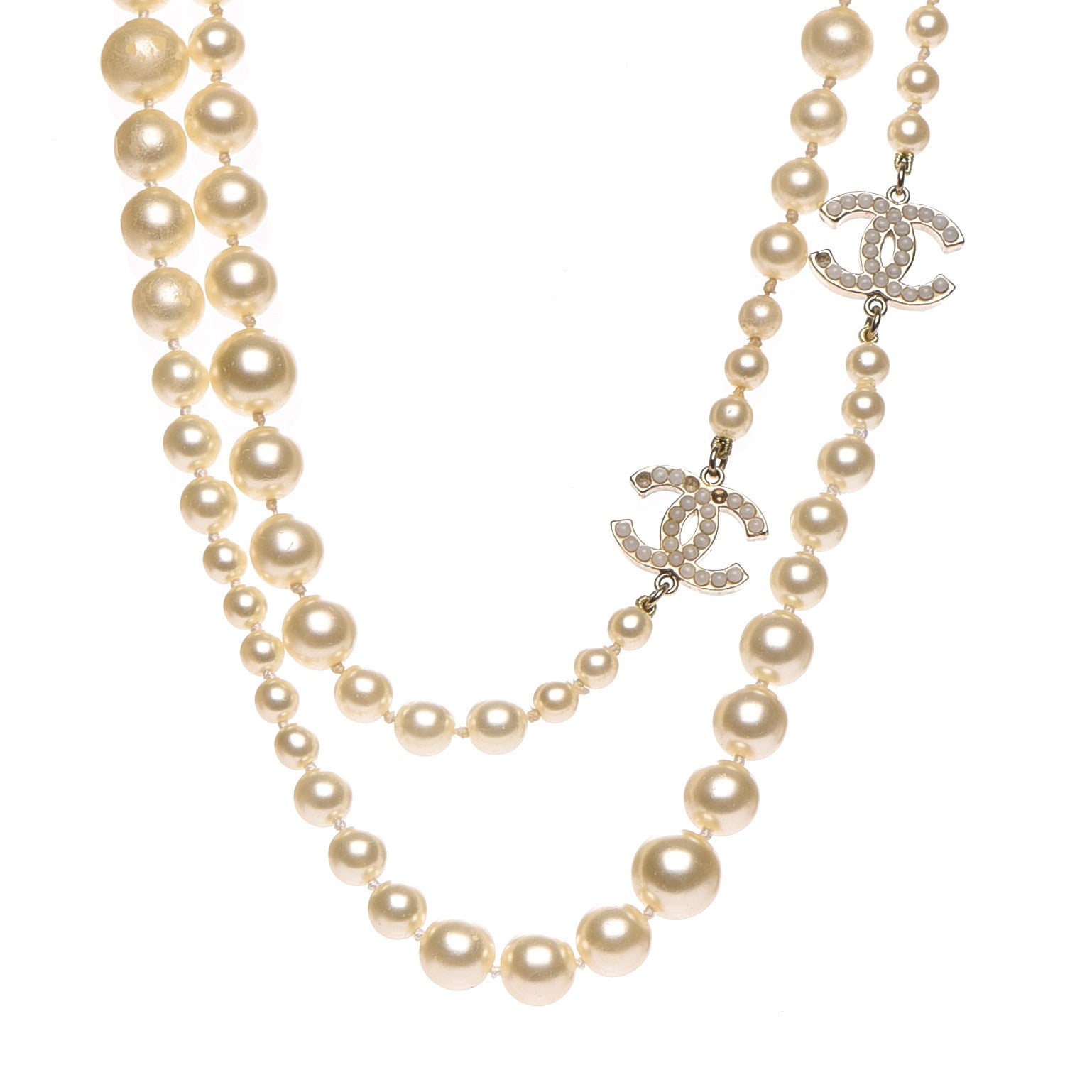 Chanel Graduated Pearl Crystal CC Long Necklace Light Gold 1 of 9