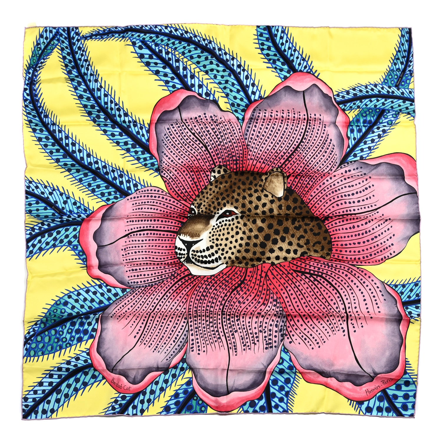 Hermes Silk Twill Baobab Cat Scarf 90 Jaune Canard Rose 1 of 5