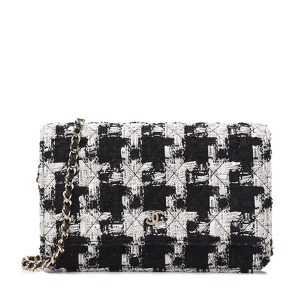Chanel Tweed Quilted Wallet On Chain WOC Black Ecru White 1 of 12