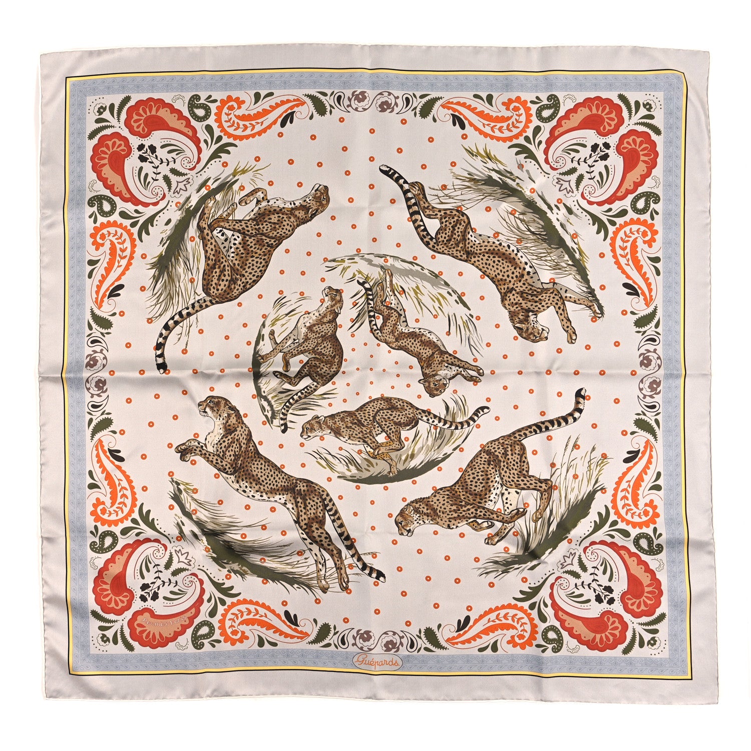 Hermes Silk Guepards Bandana Double Face Scarf 90 Gris Perle Orange Cuit Kaki 1 of 4