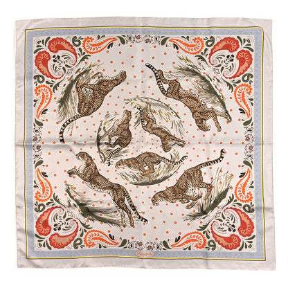 Hermes Silk Guepards Bandana Double Face Scarf 90 Gris Perle Orange Cuit Kaki 1 of 4