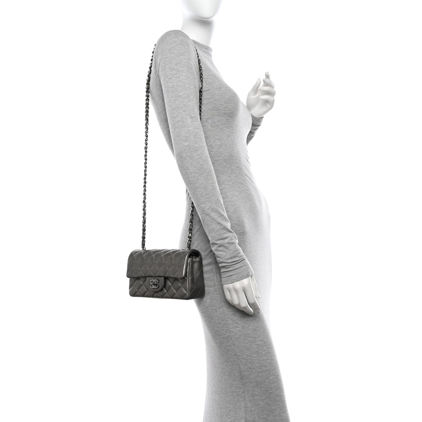 Metallic Lambskin Quilted Mini Rectangular Flap Dark Grey