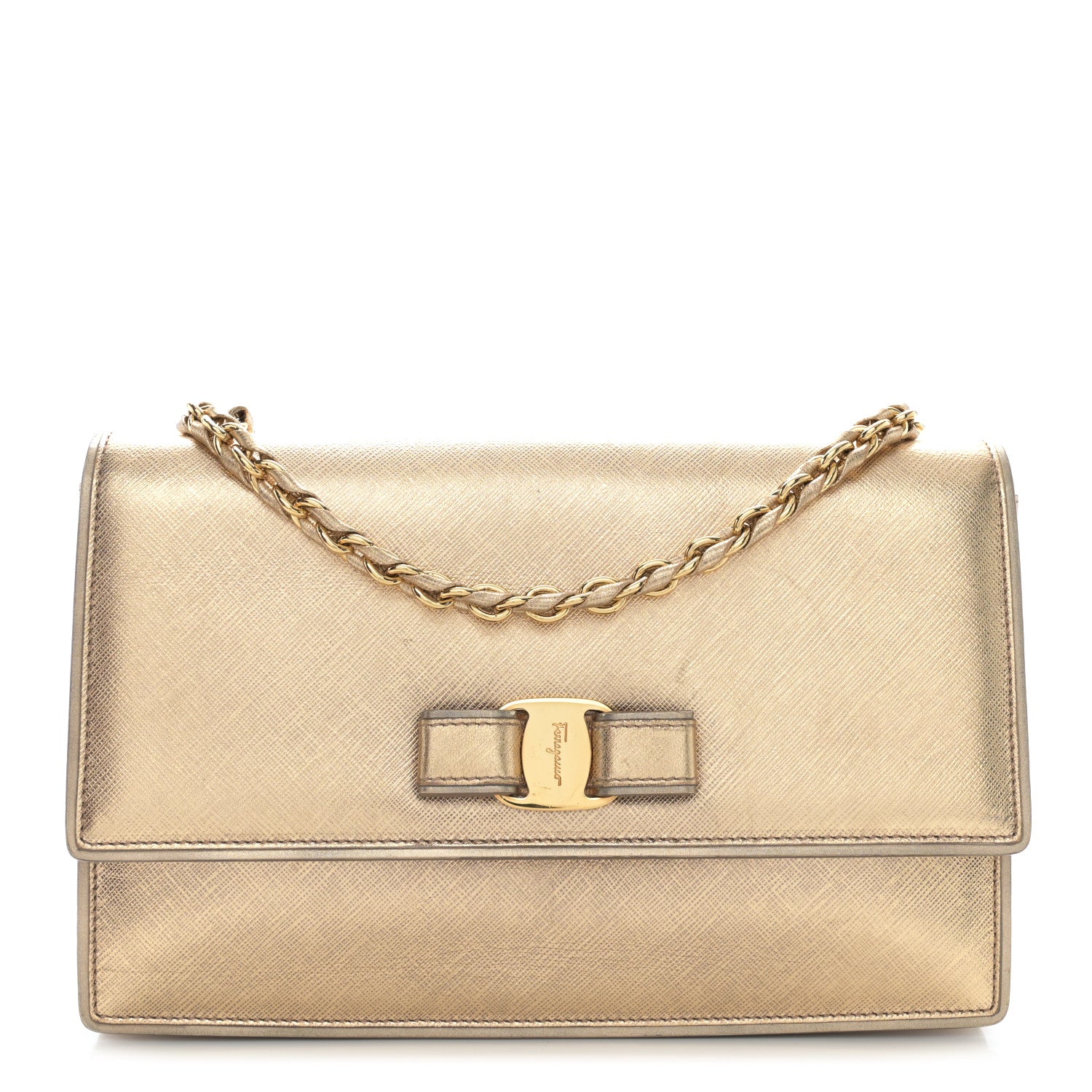 Salvatore Ferragamo Hammered Calfskin Ginny Shoulder Bag Gold 1 of 12