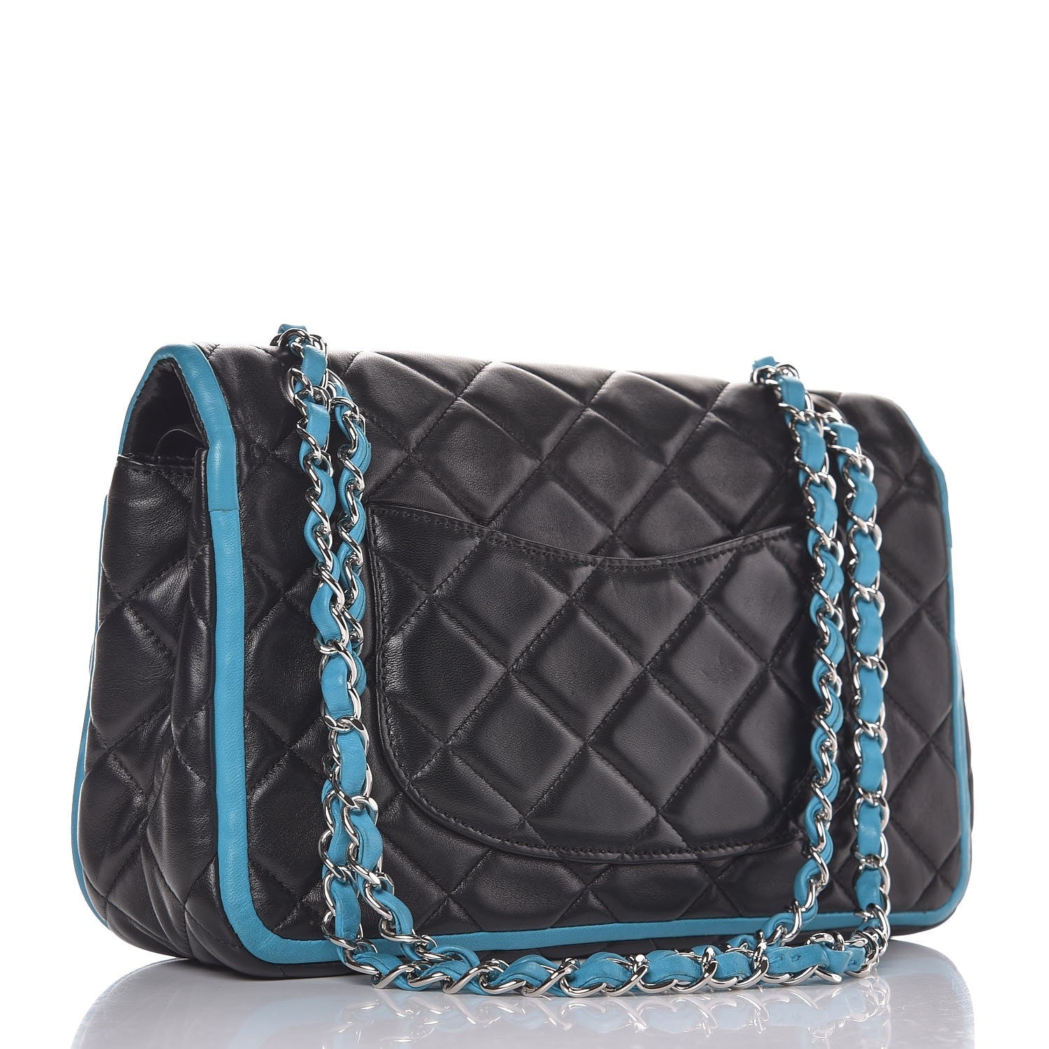 Chanel Lambskin Quilted Medium Double Flap Black Turquoise 4 of 13