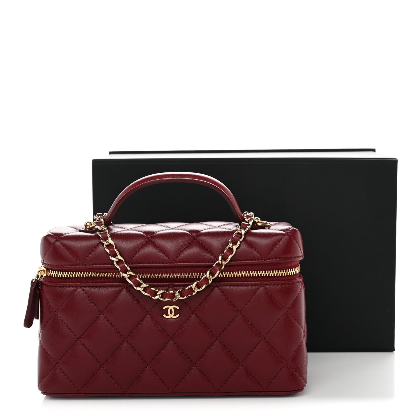 Lambskin Quilted Top Handle Slim Vanity With Chain Burgundy