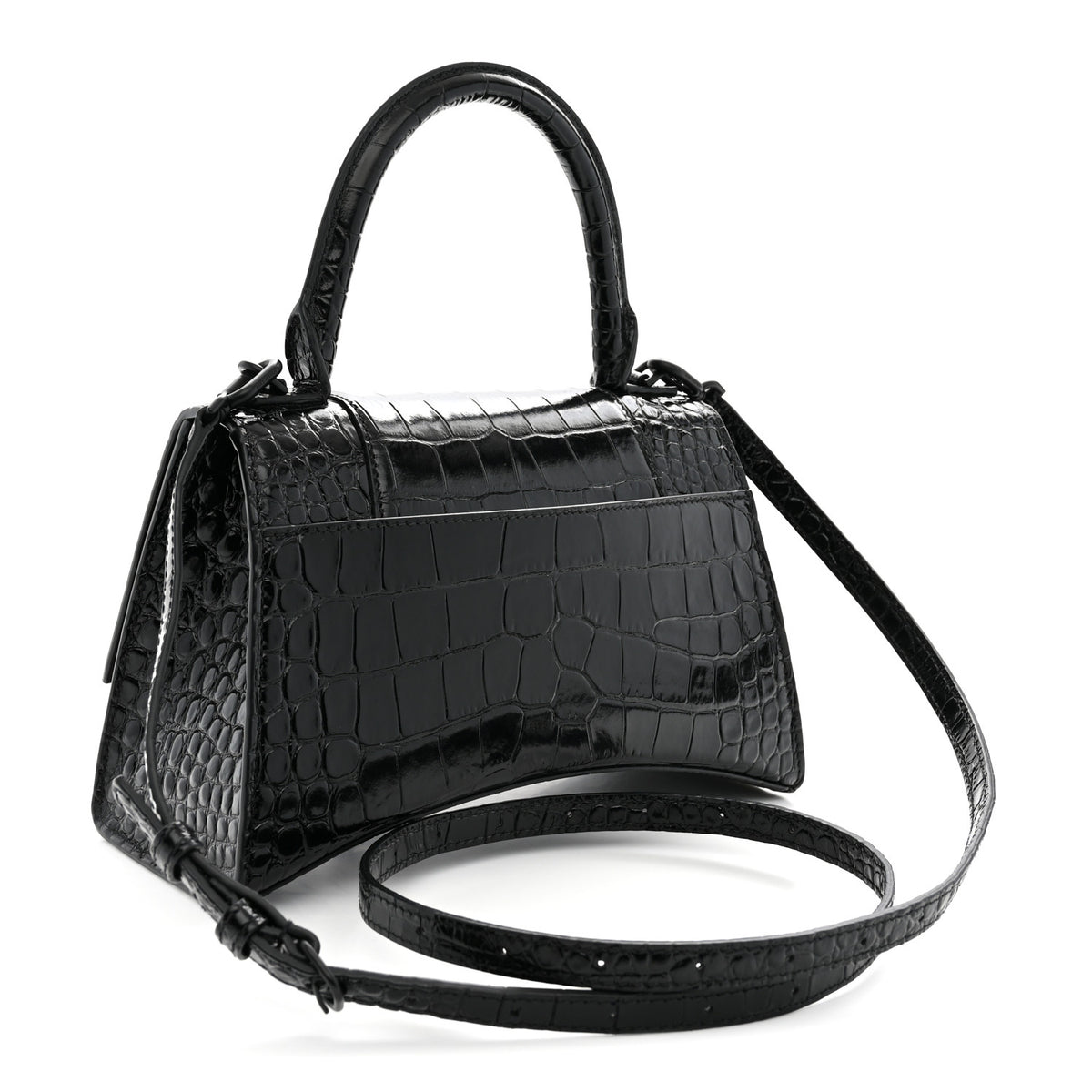 Shiny Calfskin Monochrome Crocodile Embossed Small Hourglass Top Handle Bag Black