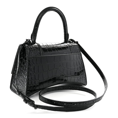 Balenciaga Shiny Calfskin Monochrome Crocodile Embossed Small Hourglass Top Handle Bag Black 3 of 12