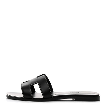 Hermes Box Calfskin Oran Sandals 37.5 Black 1 of 9