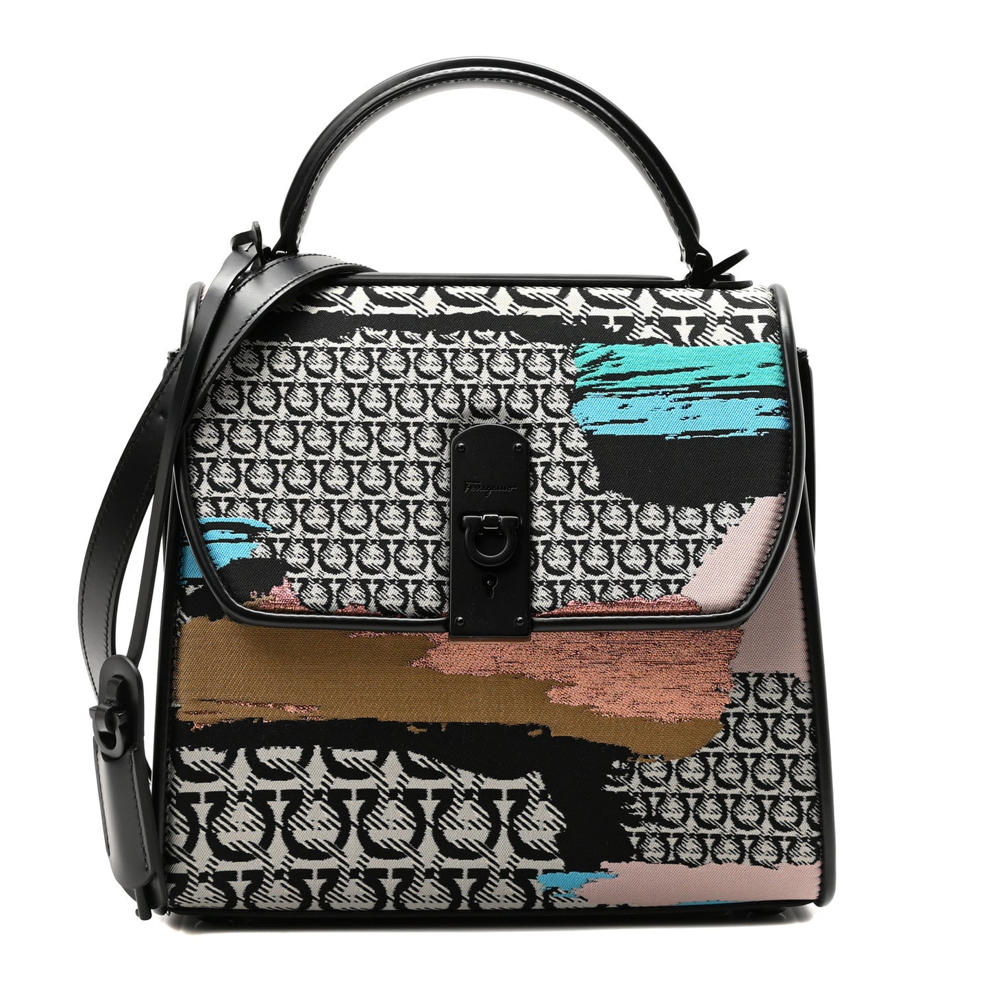 Silk Calfskin Gancini Small Boxyz Black Avorio Azzur