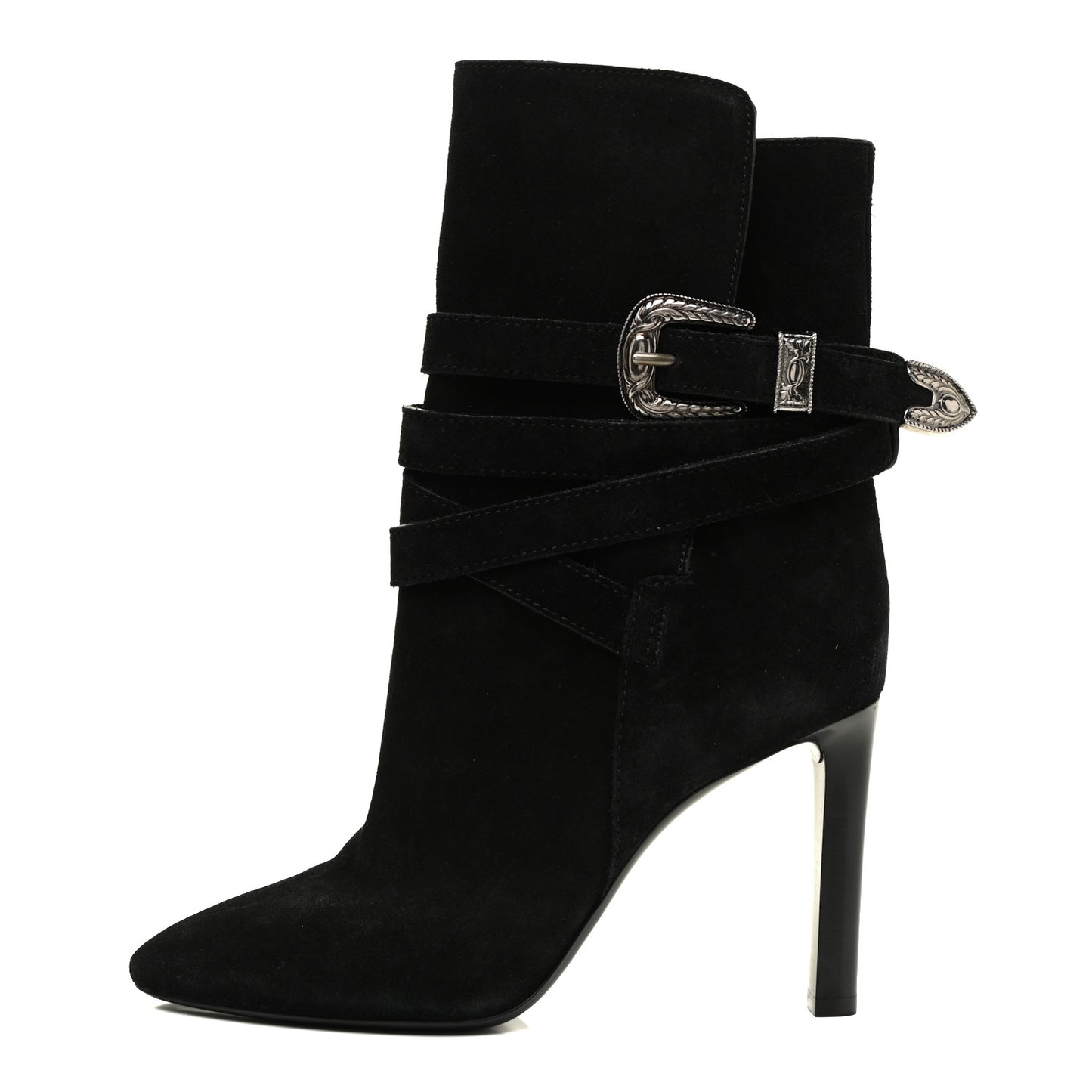 Suede Mica Buckle Western Ankle Booties 39 Black