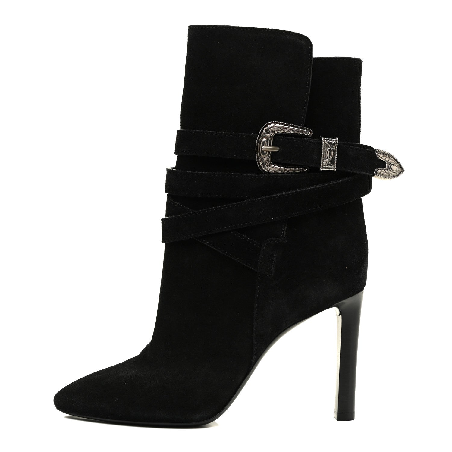 Saint Laurent Suede Mica Buckle Western Ankle Booties 39 Black 1 of 15