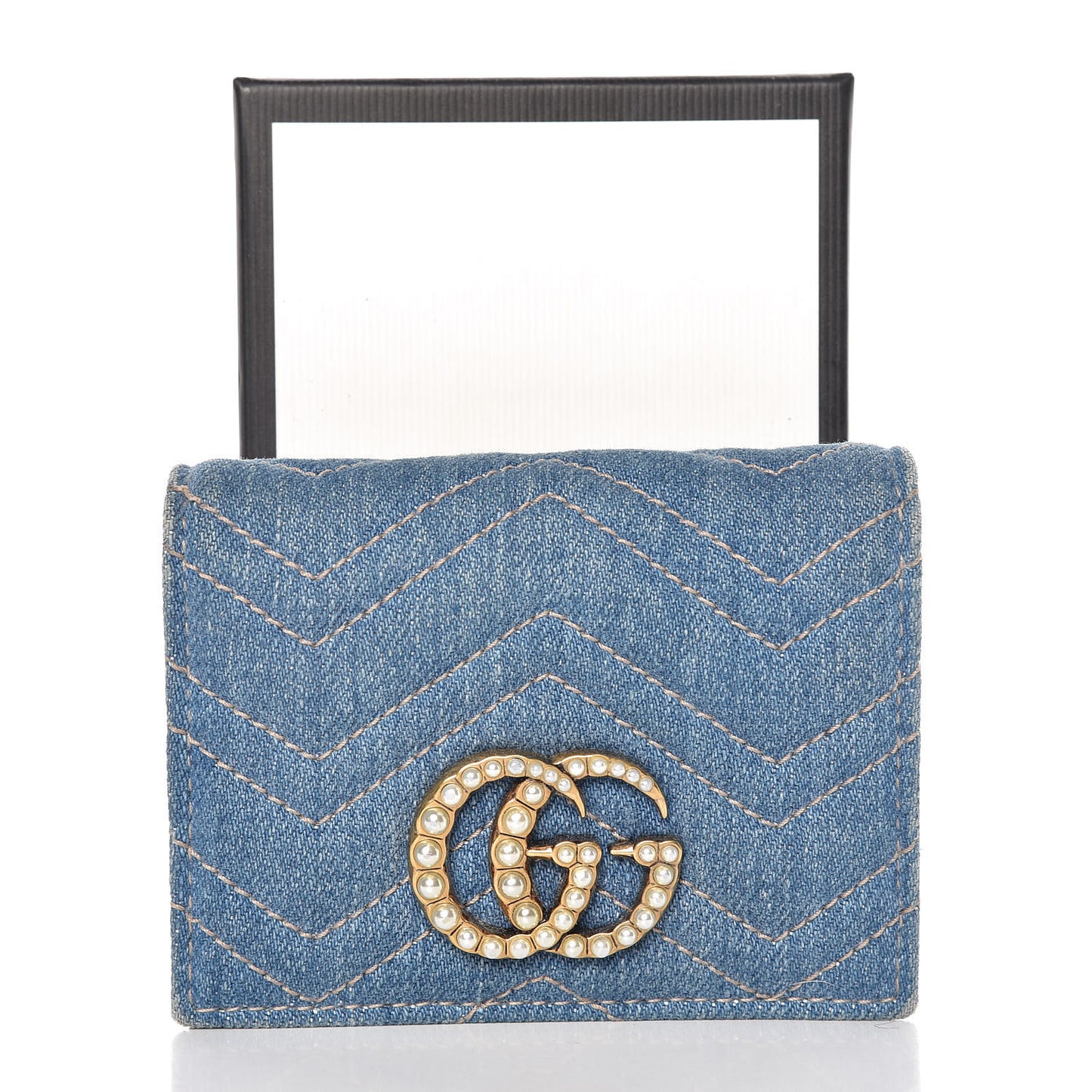 Denim Matelasse Pearly GG Marmont Card Case Wallet Blue