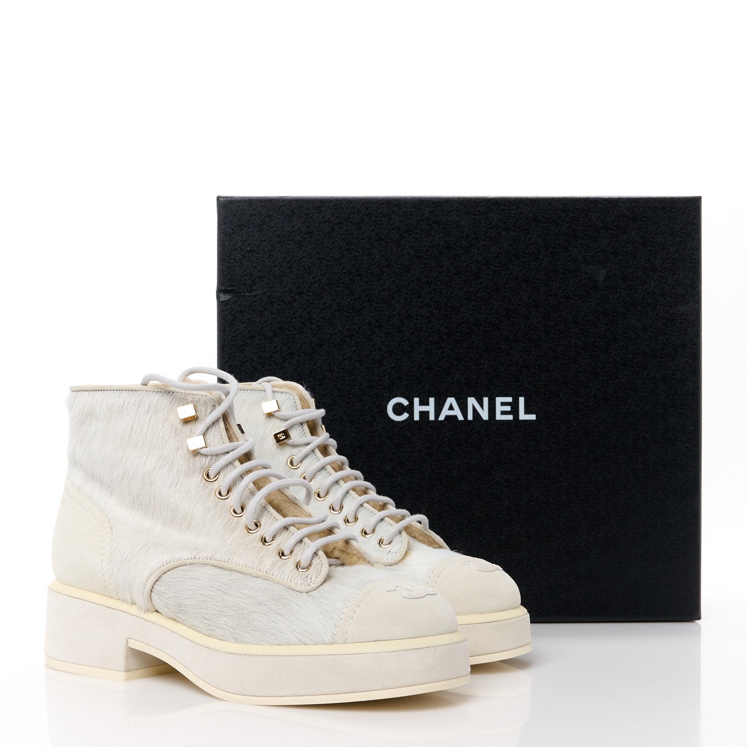 Chanel Suede Pony Hair Shearling Lace Up Combat Boots 37 White 10 of 10
