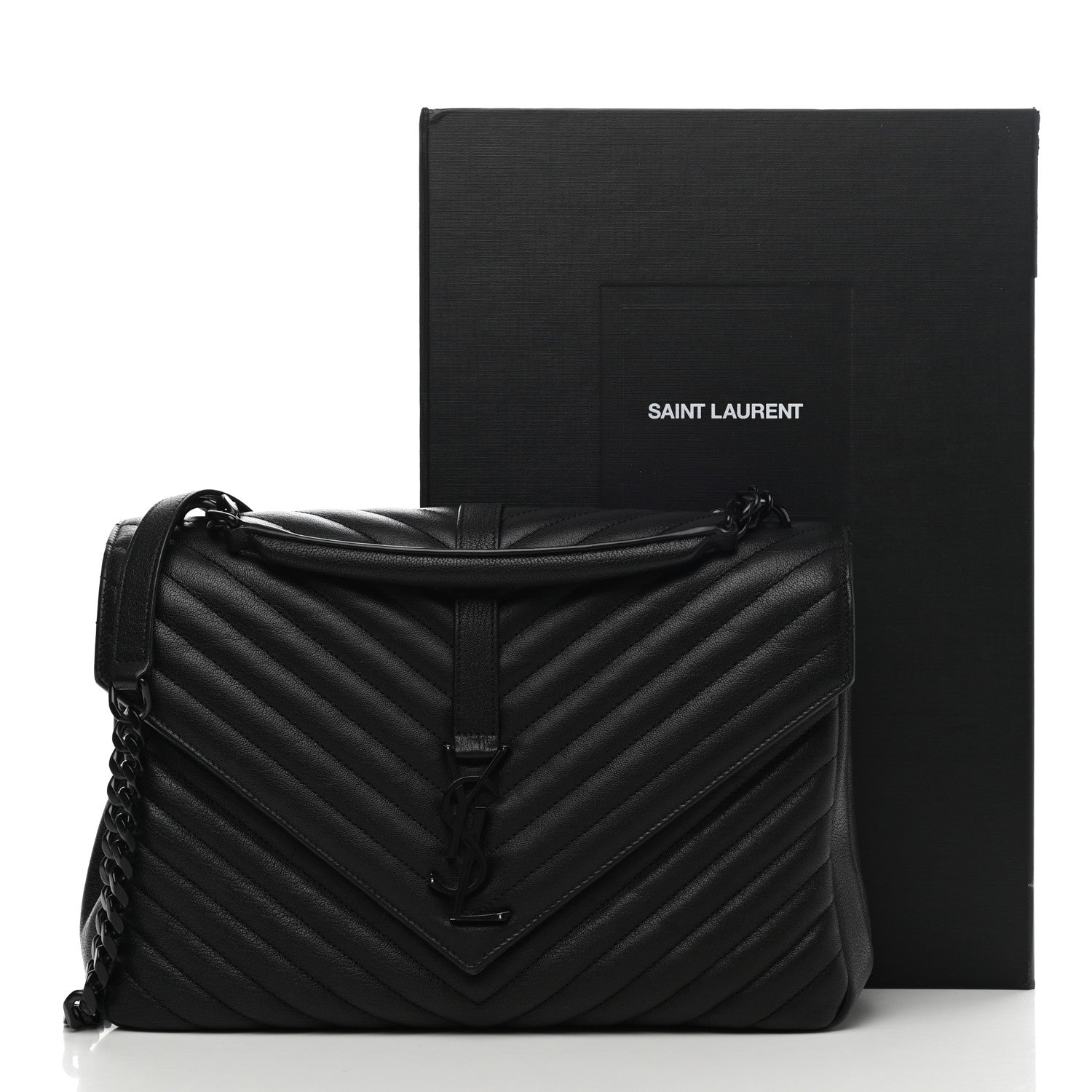 Saint Laurent Sheepskin Matelasse Chevron Monogram Monochrome Large College Satchel Black 13 of 13